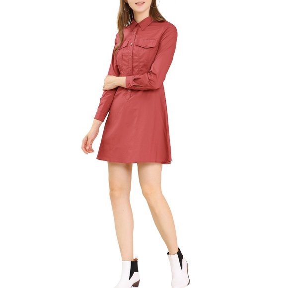 Allegra K Women's Cotton Casual Solid Long Sleeve Vintage Style Shirt Dress  XS - Picture 4 of 11